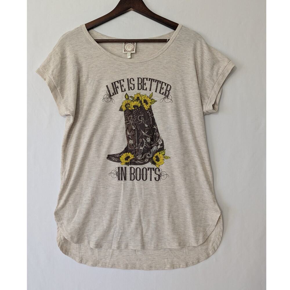 True Self T Shirt Life‎ is Better in Boots Womens Size Small Beige Cowgirl New